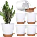 5 Pack Self Watering Plant Pots, 6 inch Plastic Plant Pots Set Bottom Watering Planters With Absorbent Rope & Saucer, Self Watering for Indoor Plants Minimalist Decor Outdoor Garden Flower. (White)