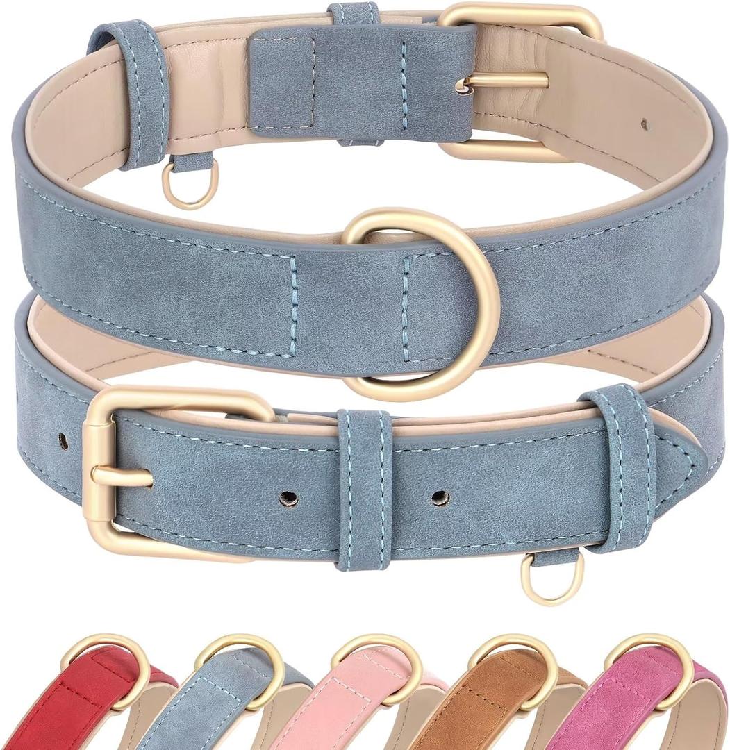 Didog Soft Padded PU Leather Dog Collar, Adjustable Dog Collar for Large Dogs with Durable Metal Buckle and D Ring,Blue,XL
