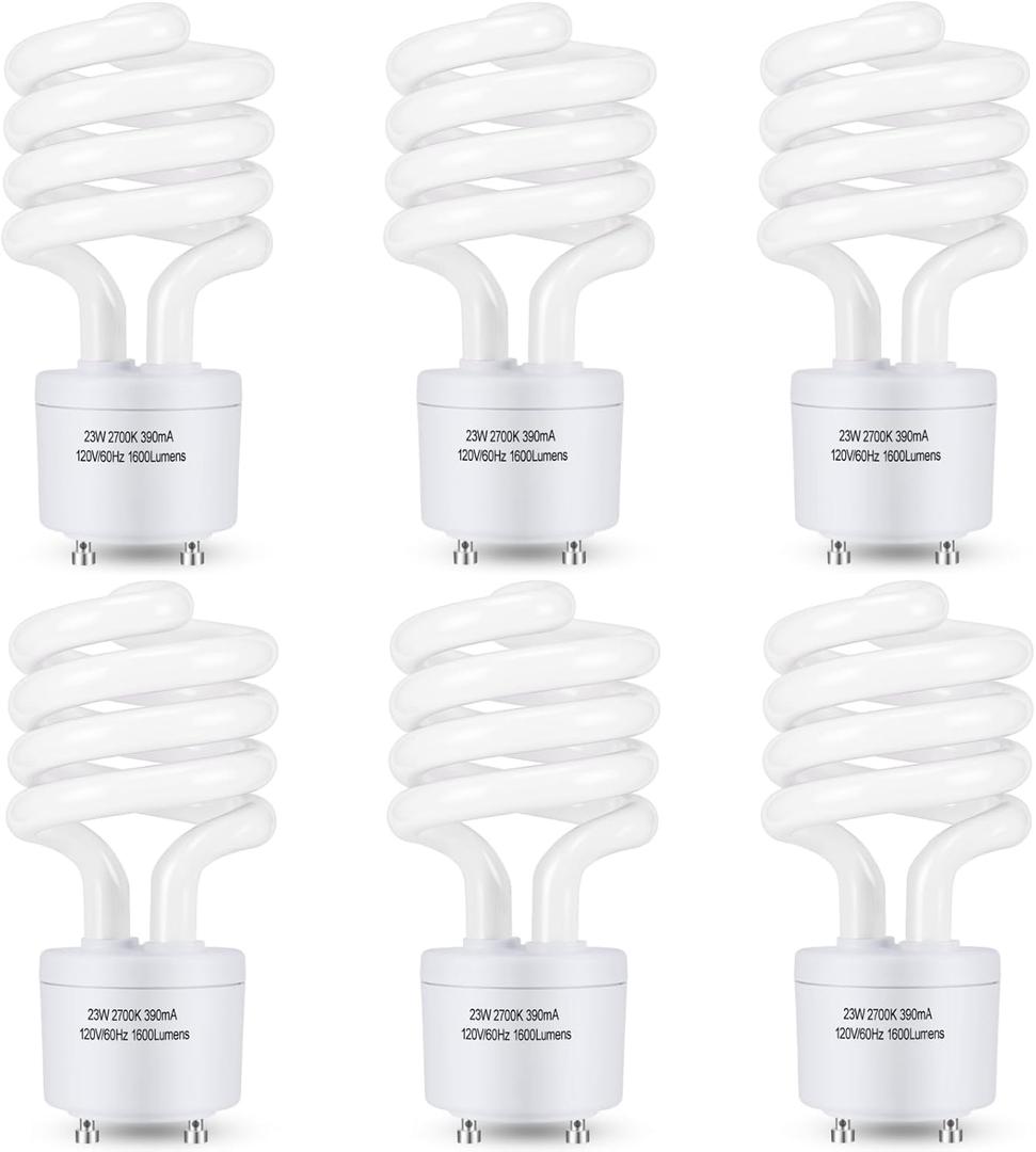 Winkcao CFL Light Bulbs GU24 Base, T3 Spiral 23Watt (100Watt Equ) Soft White 2700K 1600lm Compact Fluorescent Light Bulbs, UL Approved, 120v 60Hz, Self Ballasted CFL Bulbs, Pack of 6