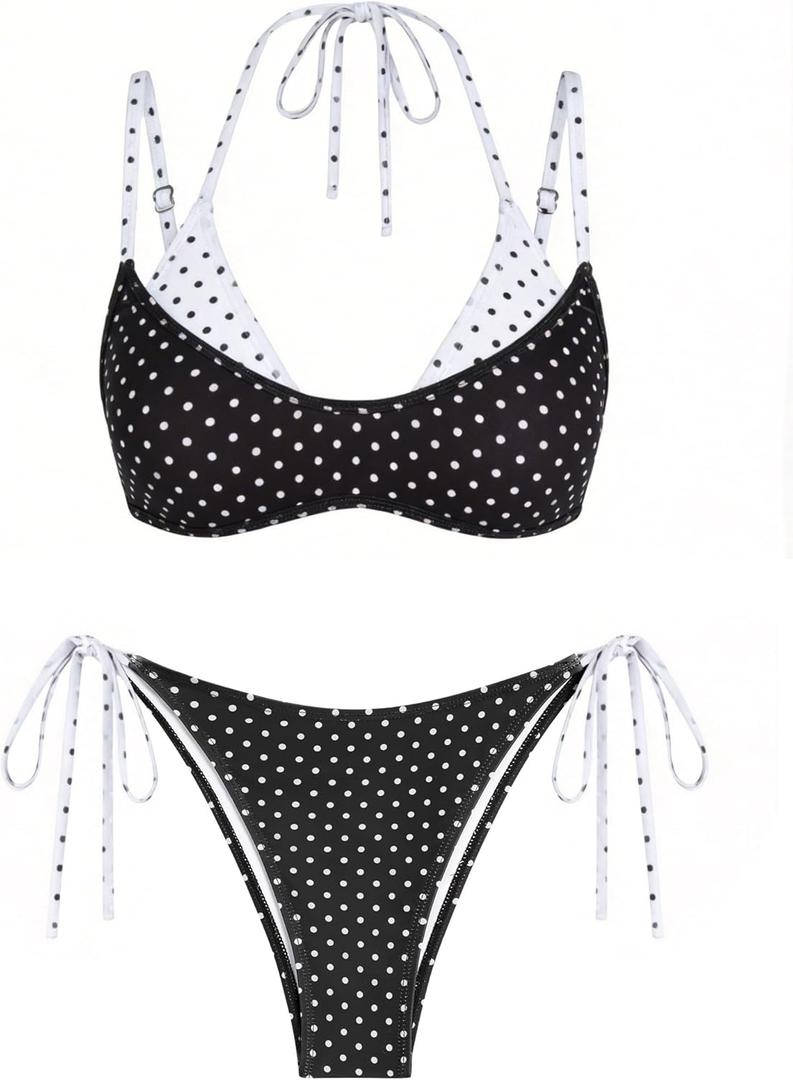 ZAFUL Women's Polka Dot Bikini Set Double Layer Halter Swimsuit Colorblock Side Tie 2 Piece Bathing Suit (Black, L)