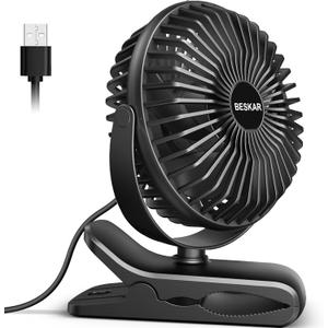 BESKAR Small Clip on Fan, 3 Speeds USB Fan with Strong Airflow, Clip & Desk Fan USB Plug in with Sturdy Clamp - Ultra Quiet operation for Office Dorm Bedroom Stroller (Dark Black)