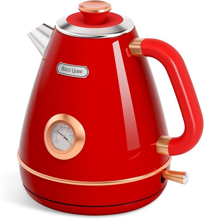 Hazel Quinn Retro Electric Kettle  1.7 Liters / 57.5 Ounces Tea Kettle with Thermometer, All Stainless Steel, Fast Boiling 1200 W, BPAfree, Cordless, Rotational Base, Automatic Shut Off  Ruby Red