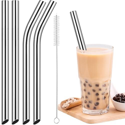 NiHome 4-Pack Stainless Steel Smoothie/Milkshake Straws, 0.5'' Extra Wide Reusable Metal Straw, Extra Long Straight & Bent Drinking Straws for Boba, Thick Beverages, Cold Drinks, 1 Brush (Silver)
