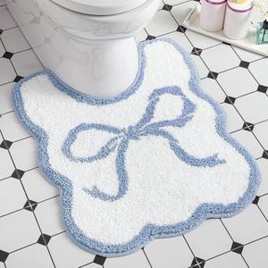 Bow Toilet Rug U-Shaped Luxury Scalloped Bathroom Mat Non Slip Cute Microfiber Soft Plush Bath Rugs Pastel Bathroom Decor Coquette Stuff for Toilet Base(Blue,24 x 20 Inches)