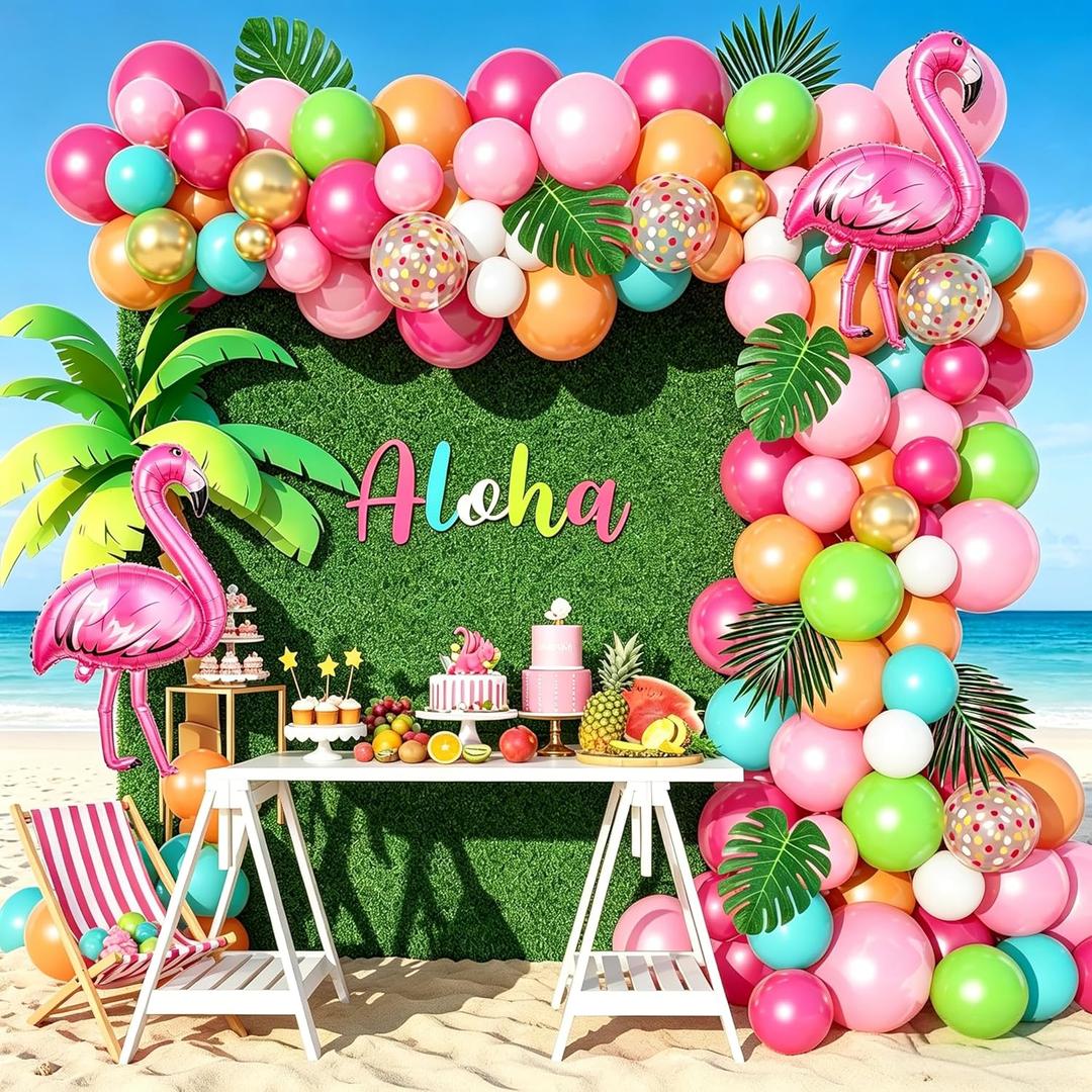 136Pcs Tropical Balloon Arch Garland Kit, Flamingo Luau Balloons of Hot Pink Rose Gold Fruit Green Blue & Palm Leaves for Tropical Party Decorations Hawaiian Aloha Birthday Wedding Decor
