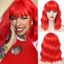 Red Short Bob Wig with Bangs for Women Loose Wavy Wig Curly Wavy Shoulder Length Synthetic Bob Wigs for Girl Halloween Costume Cosplay Daily Use