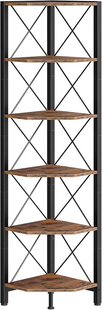 CHOEZON 6-Tier Corner Shelf, Corner Bookcase, 66.9" Tall Vertical Display Rack, Plant Stand, Open Storage Shelf, for Living Room, Bedroom, Study, Kitchen, Rustic Brown and Black TCJ13BF