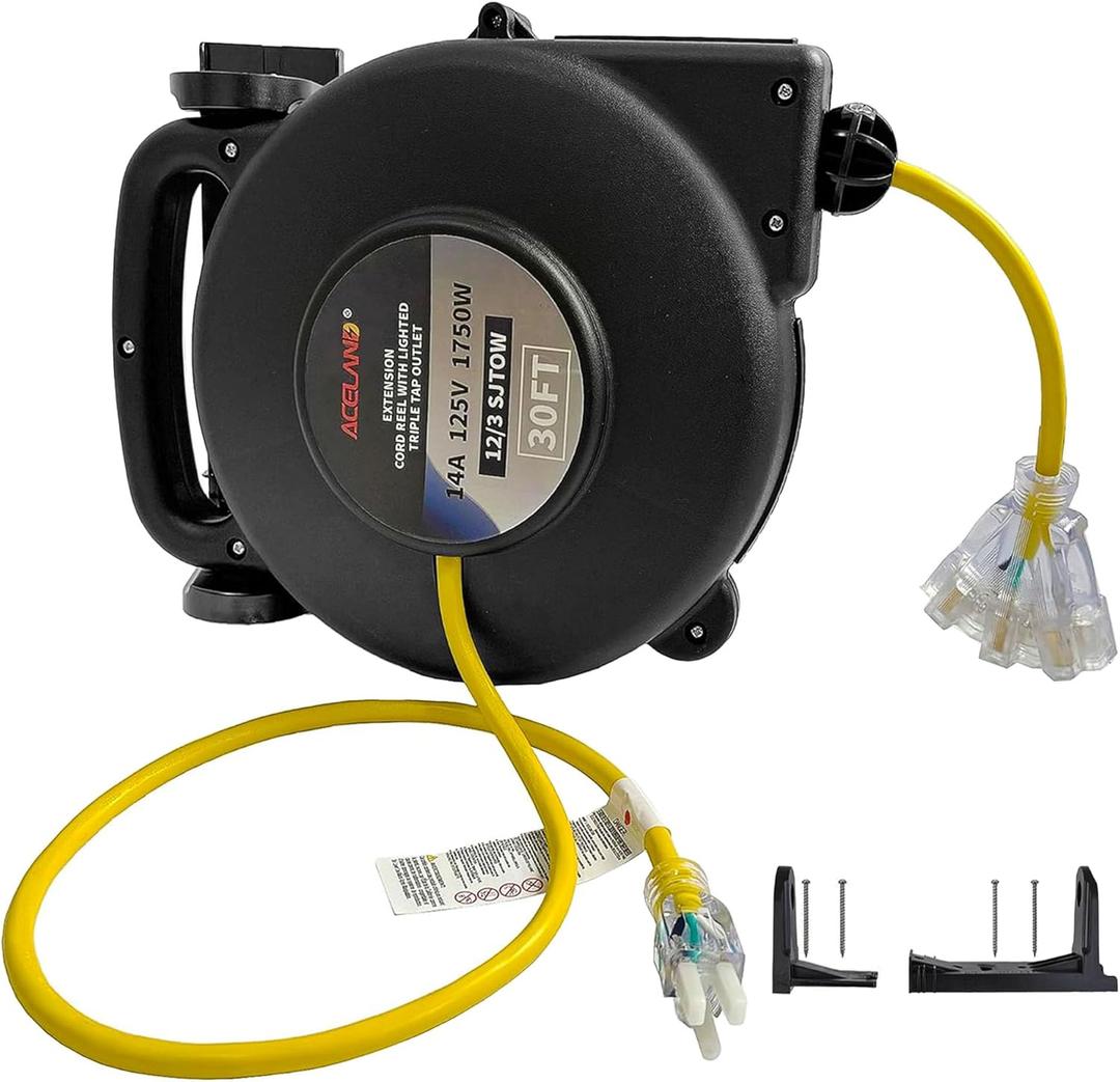 12 Gauge 30 FT SJTOW Retractable Extension Cord, Heavy Duty Power Cord, 14 Amp 125V 1750W, Triple Outlet Electric Cord Reel, Ceiling or Wall Mount, UL Listed