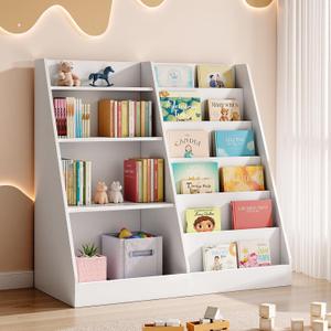 Tatub 6 Tier Kids Wooden Bookshelf and Toy Storage, Children Toy Organizer with Upgraded Book Shelves, Toddler BookRack Baby Bookcase for Nursery, Playroom and Classroom, White, Large-B