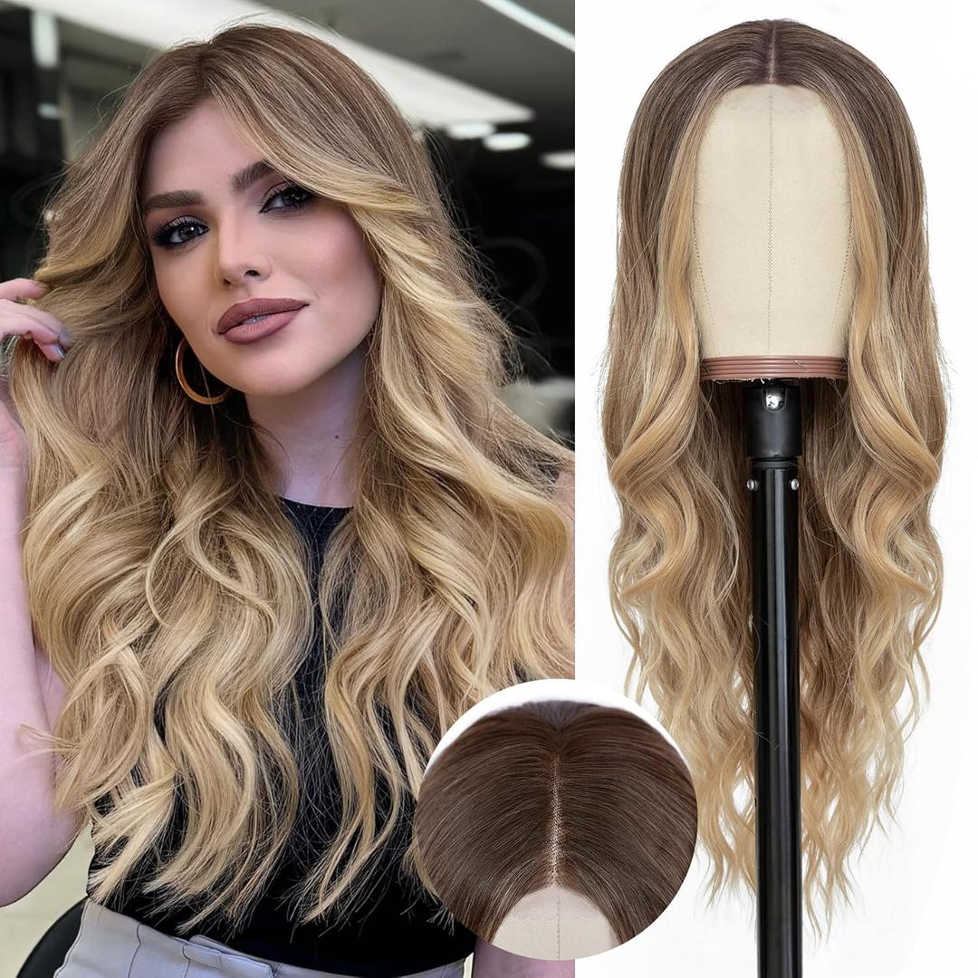 NAYOO Long Ombre Blonde Wavy Wig for Women 26 Inch Middle Part Lace Hairline Curly Wavy Wig Natural Looking Synthetic Heat Resistant Fiber for Daily Party Use