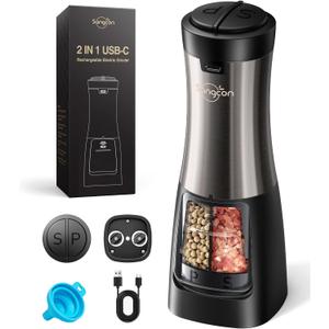 Sangcon Electric Salt and Pepper Grinder Set Shakers 2 IN 1 - USB RECHARGEABLE Salt and Pepper Mill Set All in One, Automatic Refillable Adjustable Coarseness Ceramic Grinder with Light