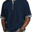 Men's Polo Shirts Casual Holiday Standing Collar Short Sleeve Basic Modern Plaid Color Block Buttons Summer Spring (Navy, Large) 