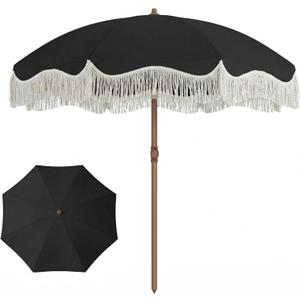 7ft Patio Umbrella with Fringe, Boho Beach Umbrellas, Outdoor Tassels Umbrellas with Push Button Tilt & Carrying Bag, 8 Windproof Fiberglass Ribs, UPF50+