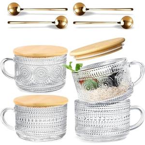 HAPTIME 4 Pcs Vintage Coffee Mugs - 14oz Clear Glass Tea Cups with Lids and Spoons - Ideal Iced Coffee Cups for Housewarming Gifts & Bar Accessories