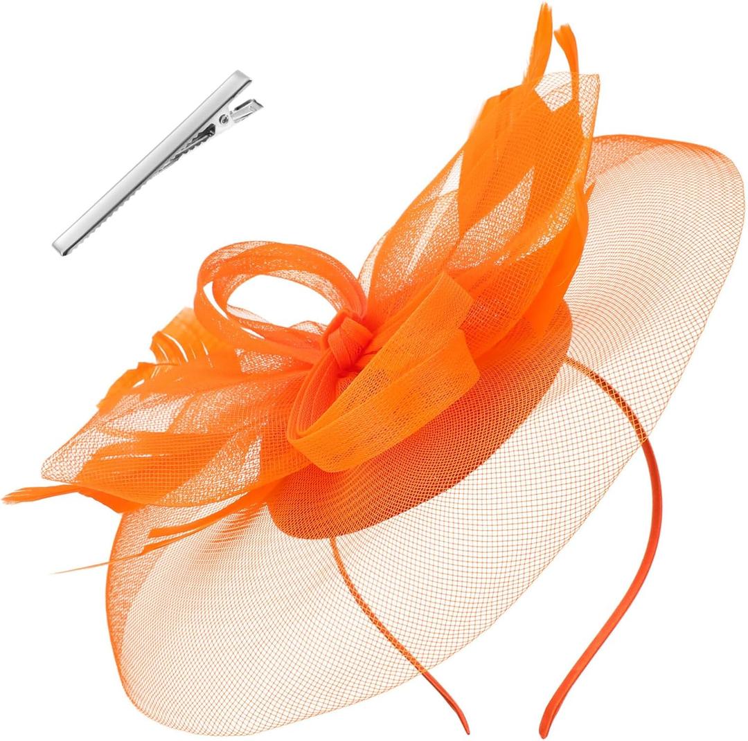 ABOOFAN Flower Headband Fascinator for Women Lightweight Mesh Hat Elegant Hair Accessory for Tea Party Wedding Banquet (Orange)