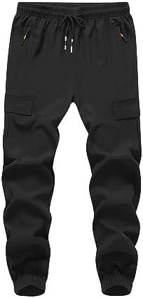 WaltZon Boy's Cargo Joggers Pants Youth Quick Dry Hiking Lightweight Pants for Sports Outdoor with Zipper Pockets (M/Long)
