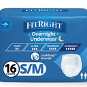 FitRight Overnight Unisex Underwear, Small/Medium (28-40 in Waist), 16 Count, Maximum All Night Disposable Incontinence Protection, Pull-On Absorbent Underwear for Men & Women, 1 Bag