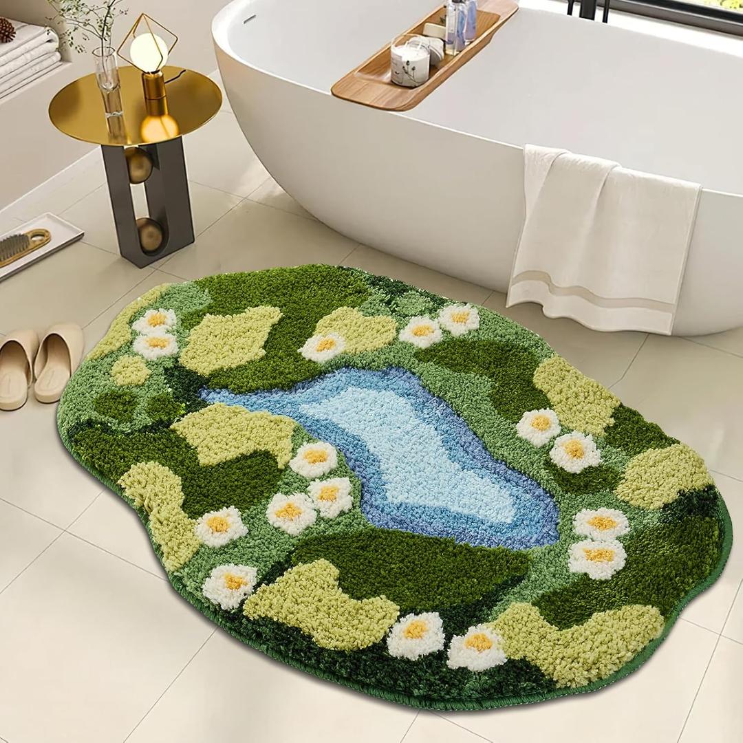 Sisher Moss Bath Mat,Cute Green Bathroom Rug Thick Bathroom Rugs Runner Rug Long Absorbent Non Slip Microfiber Rugs for Shower Floor, Sink, Bedroom, Home Accessories Decor, Moss Green 31"21"