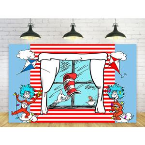 Red and Blue Stripes Backdrop Party Supplies Birthday Theme Photo Background Cat in The Hat Banner for Birthday Party Caketable Decoration 5x3ft