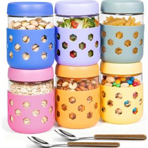 6-Pack 16 oz Overnight Oats Jars with Lids & Silicone Sleeves - Airtight Glass Mason Jars, Food Storage, Wide Mouth Meal Prep Containers for Chia Pudding, Yogurt, Berries & Snacks, Dishwasher Safe