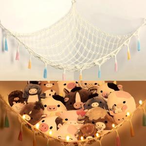 Stuffed Animal Net or Hammock with Light,Yewiwin Macrame Hanging Net Hammock for Stuffed Animal Toy Storage Organizer Boho Decor Room Holder for Nursery Play Room Bedroom (Beige(55"*55"*72"))