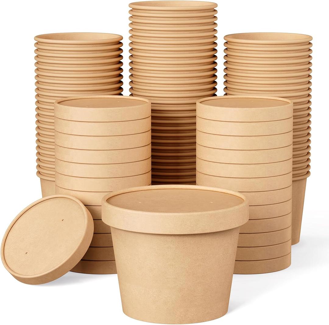 JOLLY PARTY 50pack 12oz Paper Soup Containers with Lids, Disposable Paper Food Cups, Ice Cream Cups, Food Storage with Lids, Microwavable and freezer safe, Suitable for Christmas Thanksgiving (Brown)