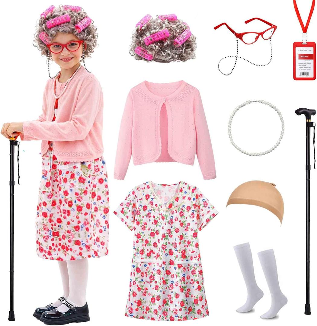 100 Days of School Costume for Girls, Old Lady Costume for Kids, Granny Grandma Dress Up (5-7yr, Pink-set 2)
