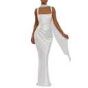 ABYOVRT Women Wedding Guest Dress Satin Corset Top Elegant Maxi Dresses with Sheer Scarf Evening Gown (White,XS