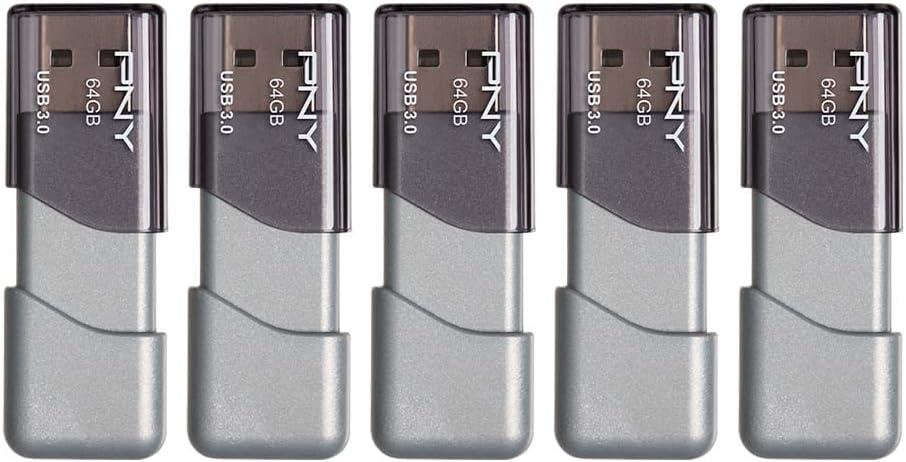 PNY 64GB Turbo Attach 3 USB 3.0 Flash Drive, Silver (Pack of 5)