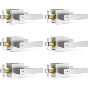 Plustool 6 Pack Brushed Nickel Door Handle, Door Knobs Interior Heavy Duty, Flat Square Privacy Door Levers, Keyless Door Lockset for Bedroom and Bathroom