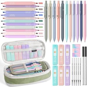 Nicpro 39 PCS Aesthetic School Supplies with Cute Pencil Case, 12 Color Pastel Highlighters, 5 Quick Dry Retractable Black Ink Pens, 6 Pastel Mechanical Pencil 0.5 & 0.7 mm for Student Stationary (Green)