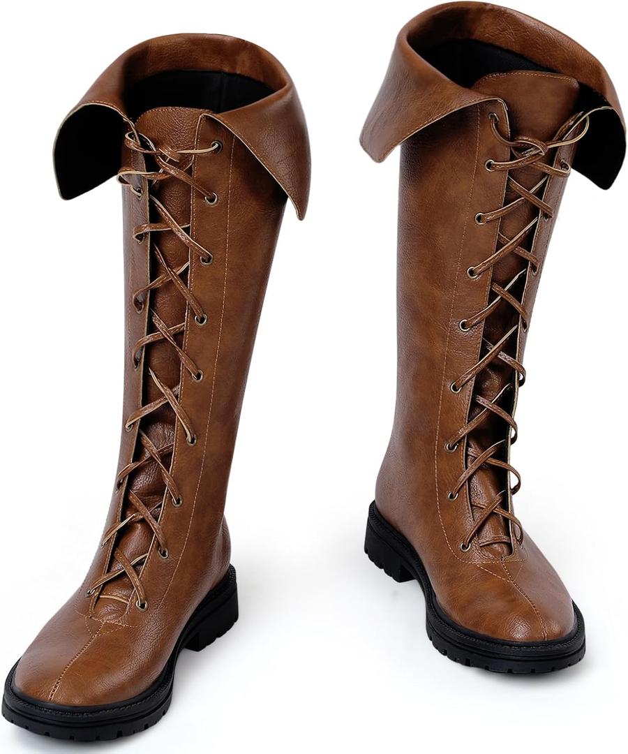 Ramede Men's Medieval Renaissance Boots Pirate Costume Viking Gothic Leather Boots High Tube Tied Shoes for Halloween Cosplay (12, Brown)