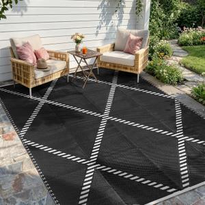 Wonnitar Outdoor Rug 6x9, Waterproof Reversible Plastic Straw Rug for Patio, Foldable Camping Mat with Carry Bag for RV, UV-Resistant Outside Rug for Deck, Balcony, Beach, Black & White