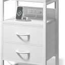 Lazzanto NightStand Bedside Charging Table Bedroom - Night Stand with Charger Station, White Modern Bed Side End Table with Open Shelf & 2 Fabric Drawers, USB-C Port & AC Outlets for Dorm, Living Room