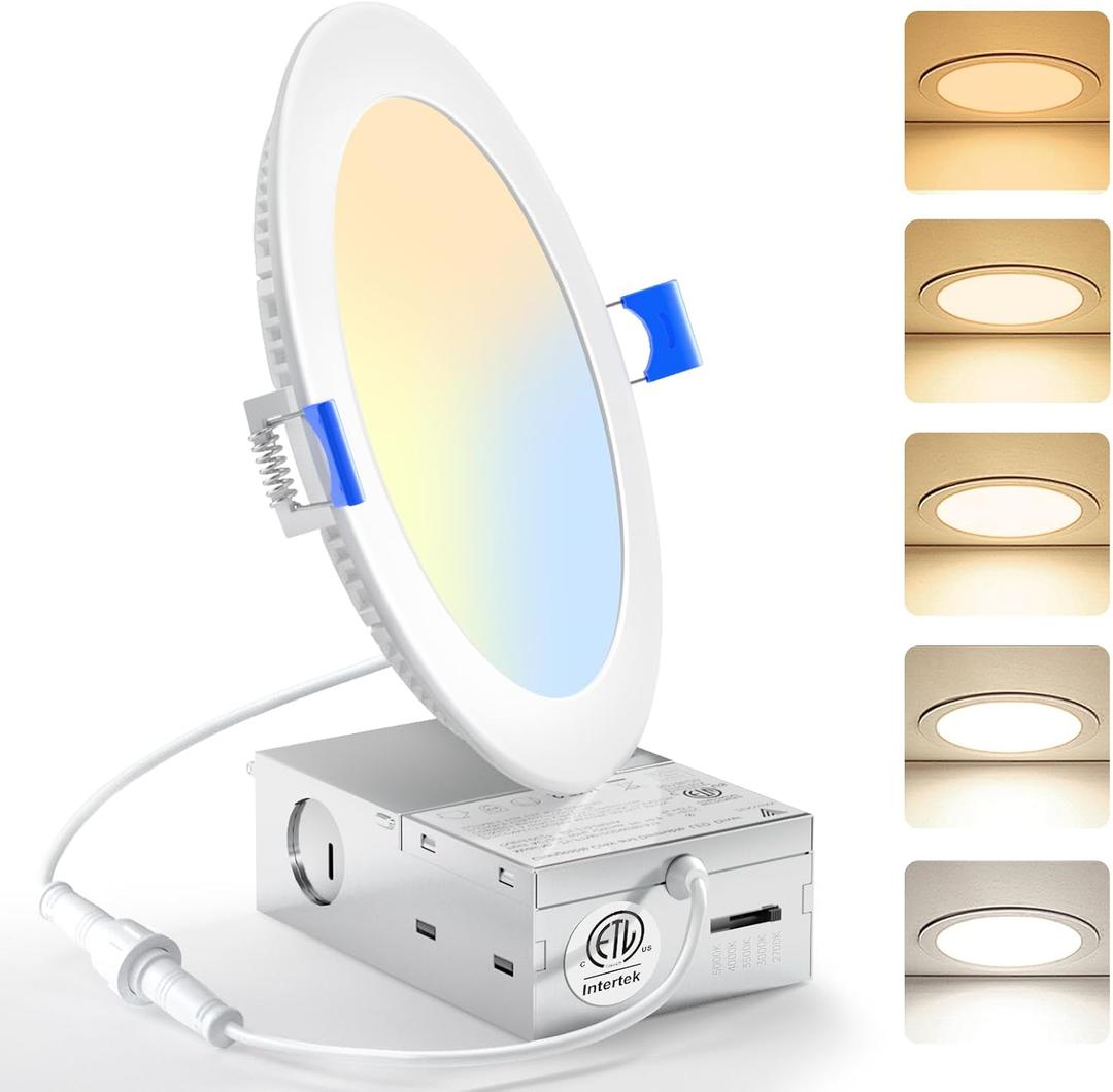 YAYIT 1 Pack 6 Inch 5CCT Ultra-Thin LED Recessed Ceiling Light with Junction Box, 2700K/3000K/3500K/4000K/5000K Selectable, 1100LM Dimmable Canless Wafer Downlight, 12W Eqv 110W-ETL&FCC