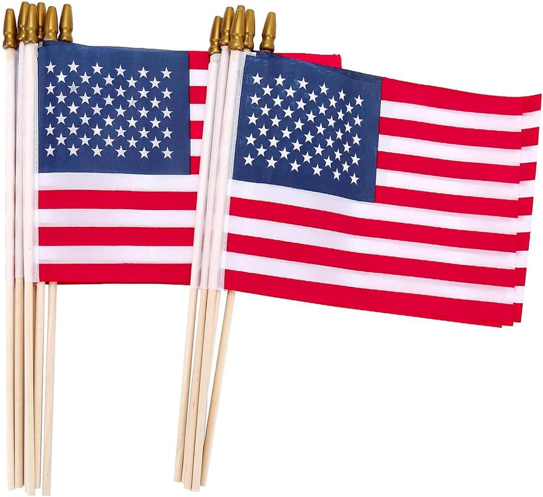 American Flags on Stick, 12 Pcs 8x12 Inch Small US Wood Stick Flags with Kid-Safe Spear Top, Memorial Day Decorations, Patriotic Decorations, 4th of July, 250th Anniversary, Parades