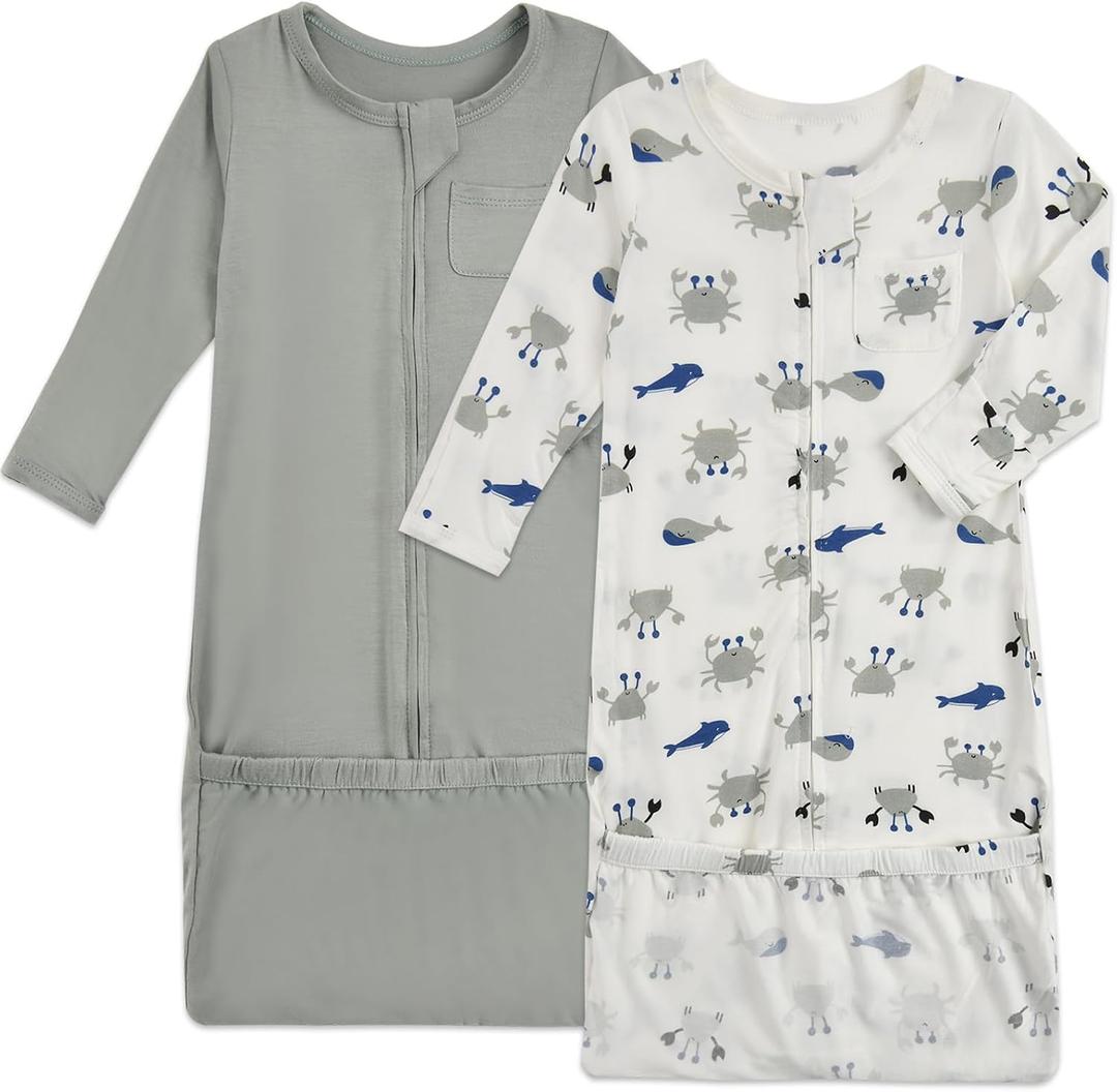 Aablexema Baby Nightgowns Rayon of Bamboo, 2Pcs Newborn Sleeper Gown with 2-way Zipper, Flip Mittens & Foot Cover, Preemie