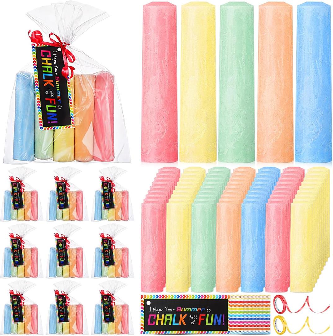 Sabary 30 Sets End of Year Gifts 150 Pcs Sidewalk Chalk Bulk with 30 Cards 30 Packaging Bags 2 Ribbons for Classroom Teacher Gifts