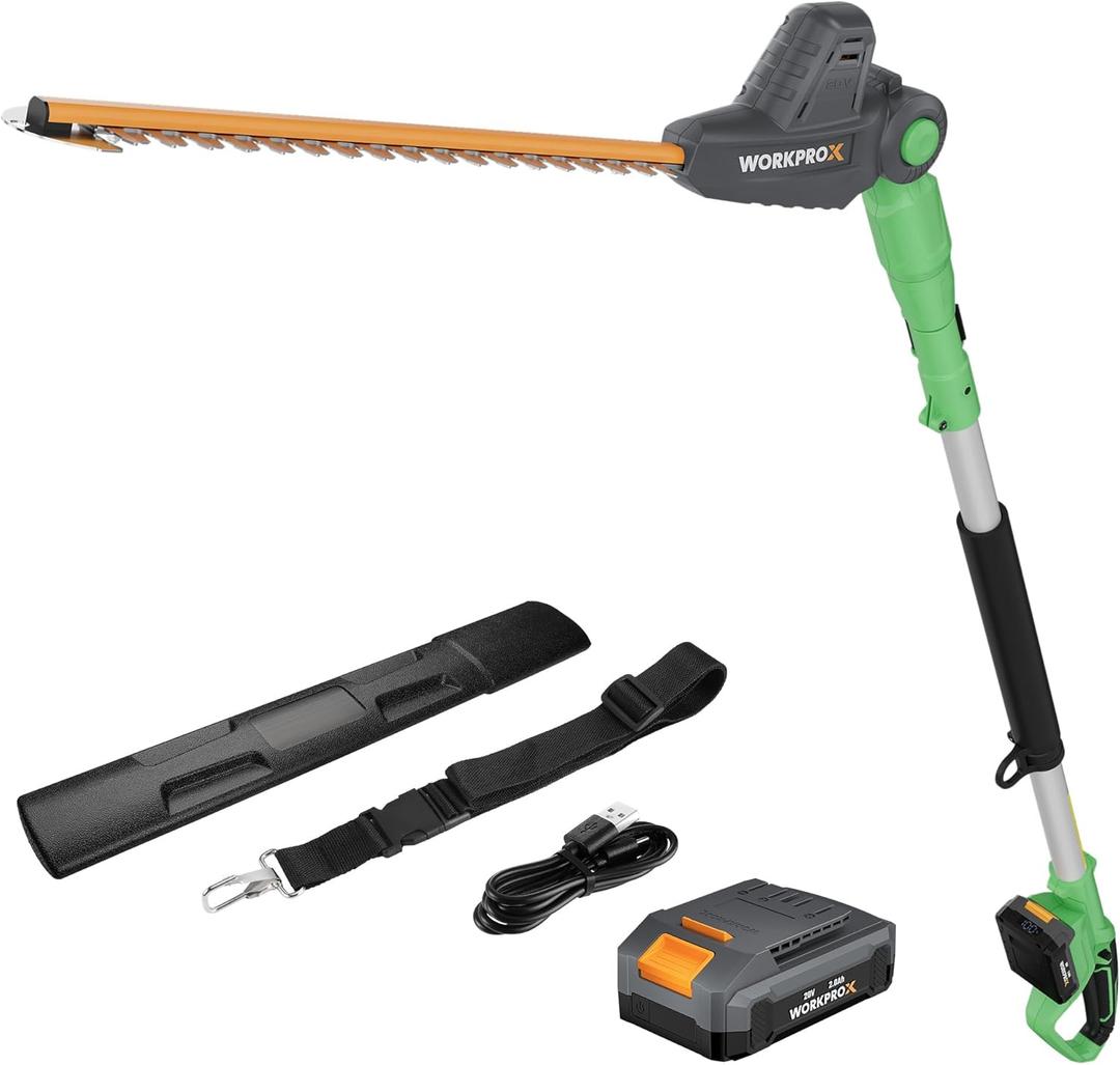 WORKPROX 20V Cordless Pole Hedge Trimmer, 9.2-Feet Reach, 11 Rotating Head, Electric Hedge Trimmer with Extension Pole, Great for Shrubs, Bushes, 2.0Ah Battery & Charging Cable Included