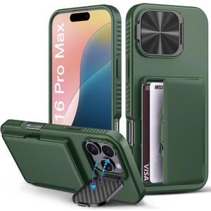 BXYJY for iPhone 16 Pro Max Wallet Case, Built-in Credit Card Holder (4-5 Cards), Camera Cover Stand, Military Grade Protection, Rugged Heavy Duty Men Protective Phone Case for iPhone 16Pro Max, Green