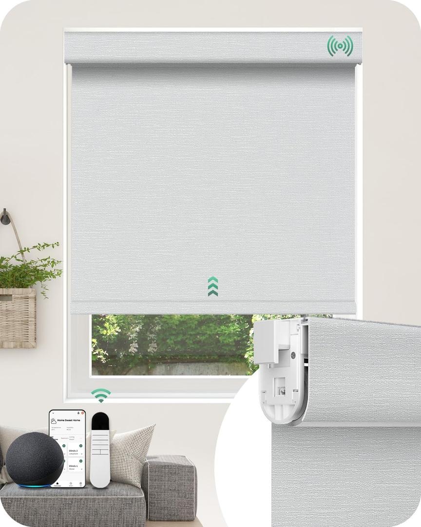 Allesin No Drill Motorized Blinds with Remote | Rechargeable Smart Blackout Roller Shades, Cordless Electric Window Blinds for Bedroom, Living Room, Home Office, Snow-Jacquard 28x72 Inches