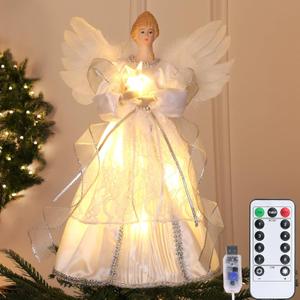 SINTENILL 12.5" Angel Christmas Tree Topper with Lights, Lighted Angel Tree Topper with White Feather Wings and Star Light, Remote Control, Timer & USB Powered for Indoor Holiday Tree Decoration