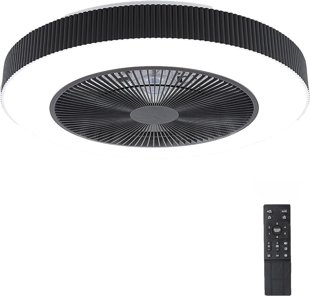 20" Bladeless Ceiling Fans with Light Remote Control,LED Smart Flush Mount Ceiling Fan With light for Bedroom, Kids Room, Reversible Motor, 6 Wind Speed, 3000LM, 57W-White/Black (Black)