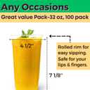 Aatriet 100 Pack 32 oz Clear Plastic Cups, 32oz Disposable Iced Cold Coffee Cups, Sturdy Recylable Drinking Cup for Milkshake, Smoothie, Cocktail, Cold Drinks, Large Tumblers Wine Glasses for Wedding