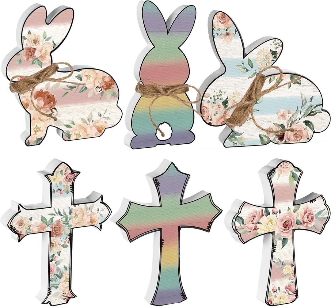 6 Pcs Easter Decorations Wood Bunny Cross Decoration Sign Tiered Tray Decor Farmhouse Rabbit Cross Easter Decor for the Home Spring Table Centerpiece, 6 Inch(Floral)