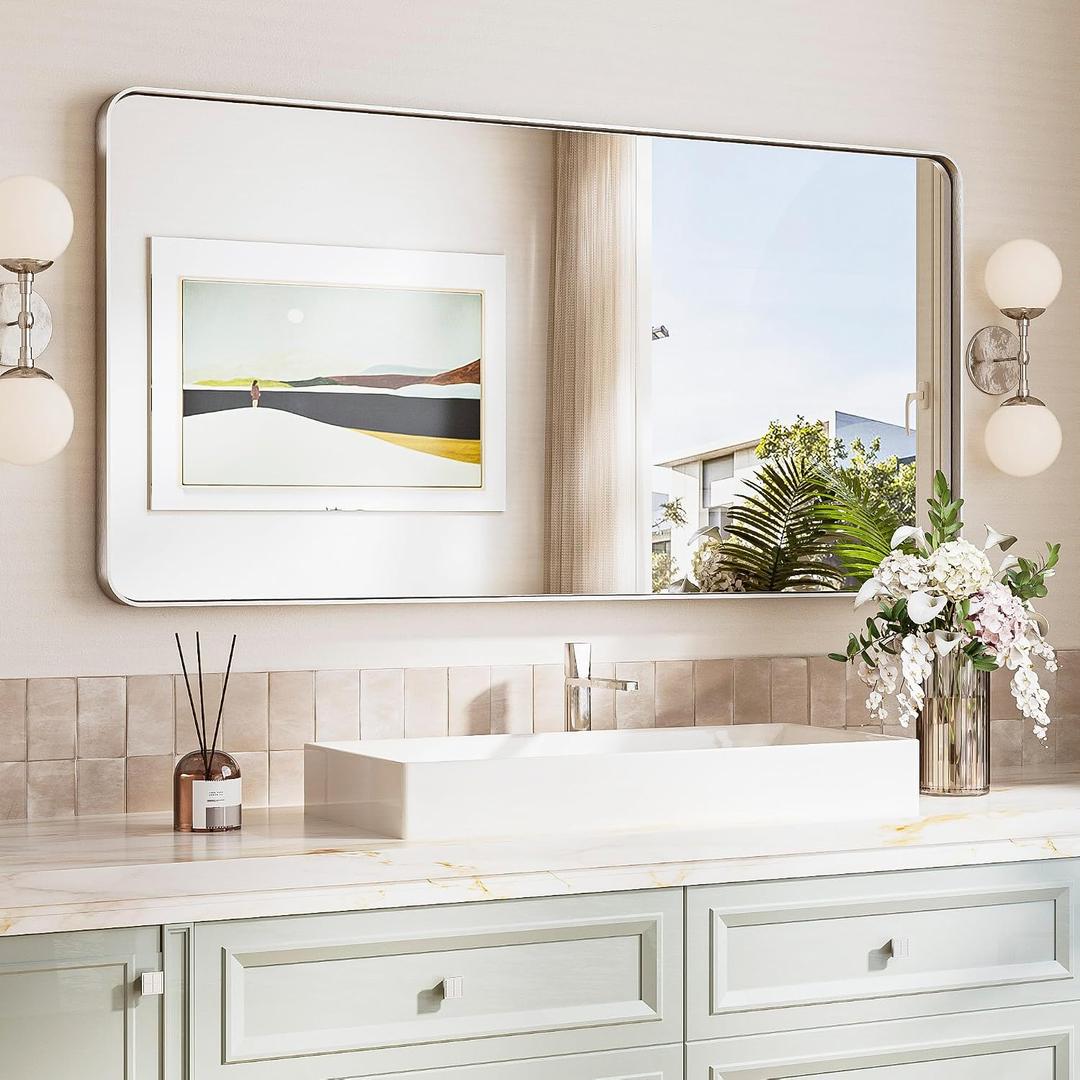 TokeShimi 48x24 Brushed Nickel Bathroom Mirror for Over Sink,Bathroom Rectangle Mirror with Tempered Glass,Vanity Mirror with Aluminum Frame(Horizontal/Vertical)