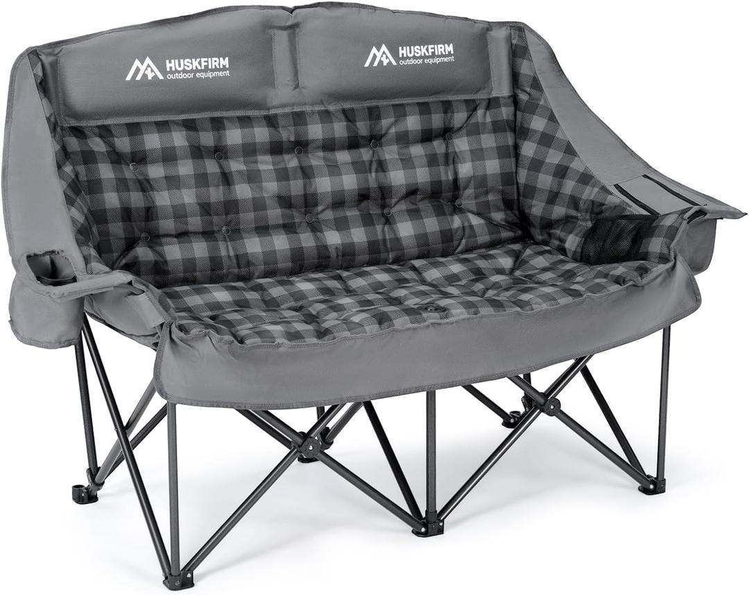 Huskfirm Padded Double Camping Chair High Back 2 Person Camping Chair Oversized Camping Loveseat Support 800LBS Heavy Duty Camping Couch with Cup Holders, Cooler, Carry Bag, Blue, 32 inches x 22 inches x 38 inches