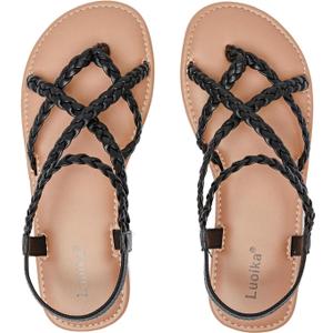 Luoika Women's Wide Width Flat Sandals, Flip Flop Casual Strapy Sandals Slip on Summer Beach Shoes for Women. (8.5 X-Wide, Black 812)