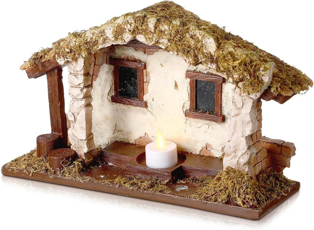 Barydat Christmas Nativity Stable, 10 x 7.87 x 5 Inch Village Manger Nativity Creche Resin Tabletop Scenes with Realistic Moss Roof and Floor, Beautiful Religious Christmas Decor