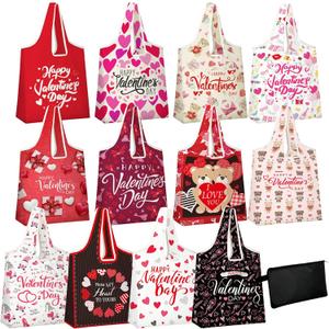 12 Pcs Valentine's Day Reusable Grocery Bags Bulk Happy Valentine's Day Storage Pouch Shopping Bags Heart Printed Foldable Machine Washable Tote Zipper Pouch for Gift Wrapping Storage